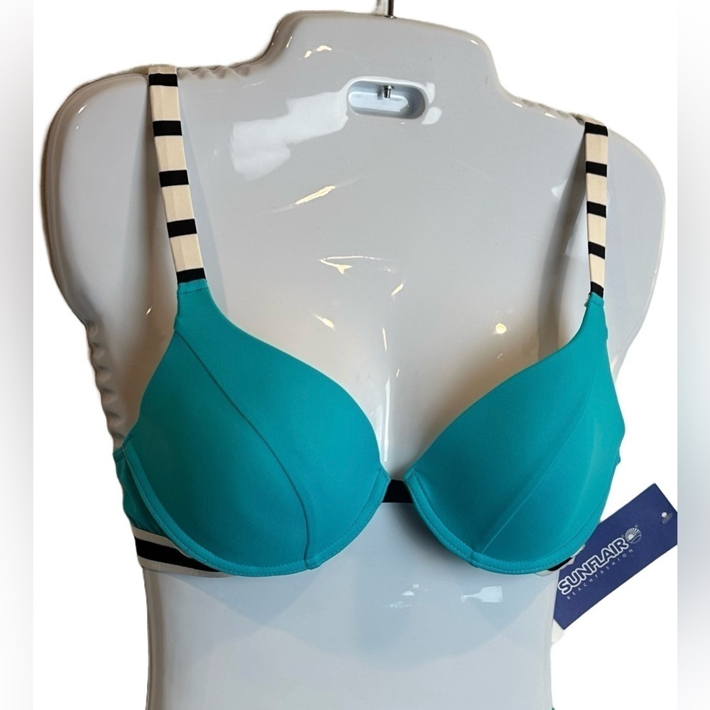 NWT Sunflair Teal/Black Striped Detail Bikini Top 34 B‎